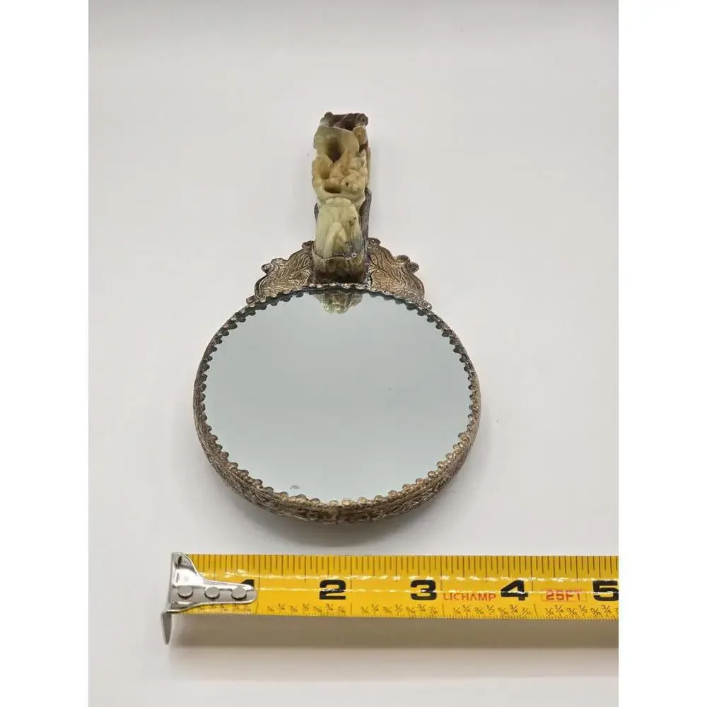 Antique Chinese Silver-plated Hand Mirror with Carved Jade Belt Hook Handle
